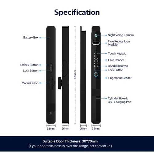 ვიწრო პროფილის ჭკვიანი საკეტი A7 3D Face Smart Lock (ალუმინის კარისთვის) - 8